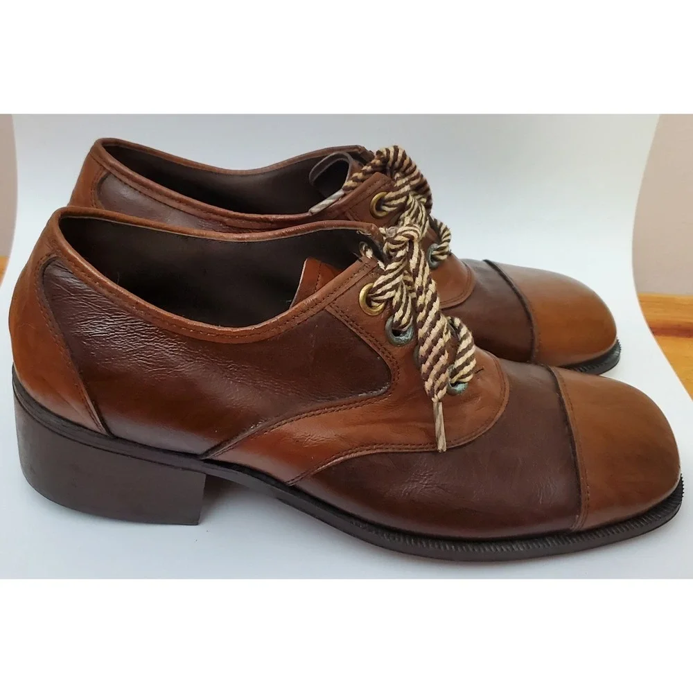 Rare Vintage Jarman Men's Shoes Platform Block Heel Two Tone Brown Oxford Hippie